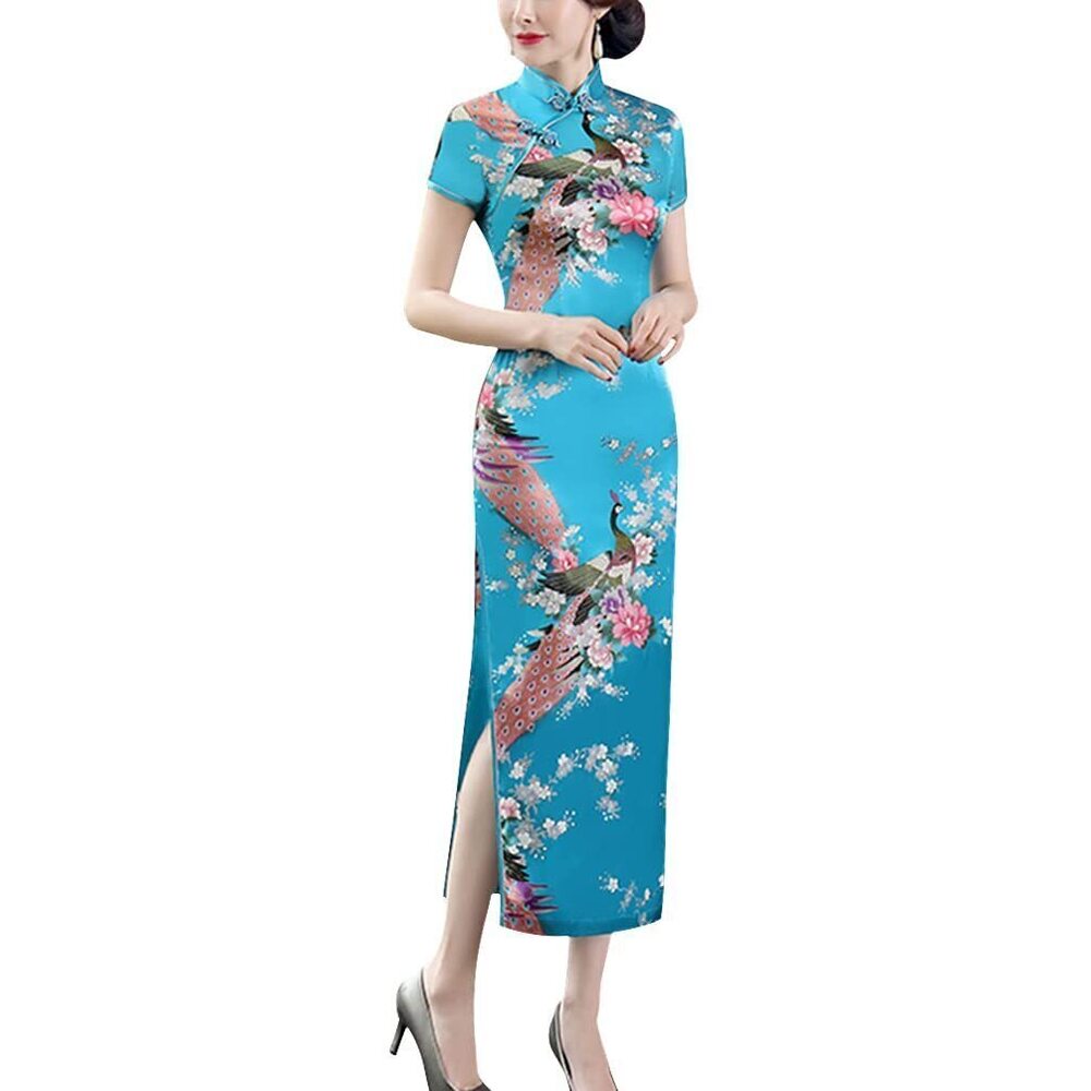 7255 Maxi Cheongsam Costume Short Sleeve Print High Slit Side Traditional